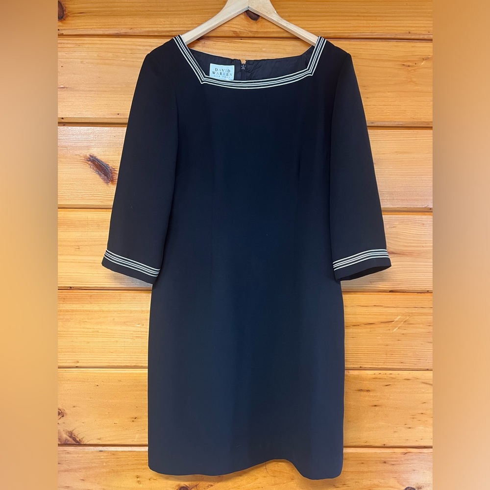 Classic Navy Midi Dress with Trimmed Neckline